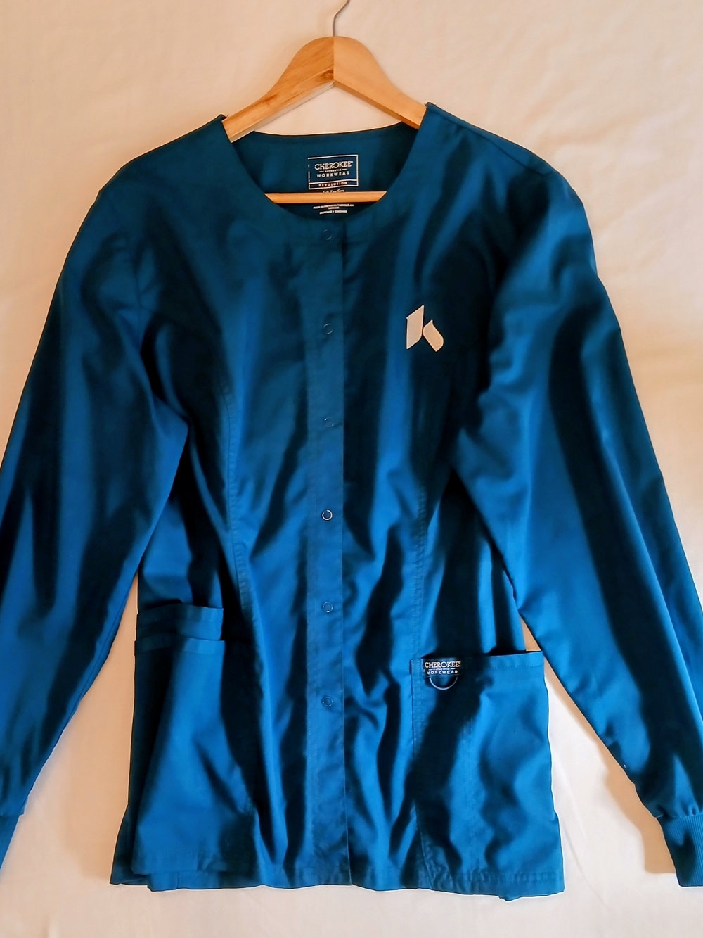 Cherokee Workwear Scrub Jacket Snap-Front Long-Sleeve Teal Blue Size L EUC